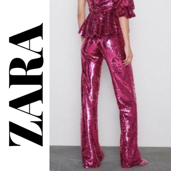 NWT ZARA LIMITED EDITION RED SEQUIN WIDE LEG PANTS, SIZE MEDIUM - Picture 5 of 13